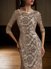 Rose Gold Sequin Crew Neck Three Quarter Sleeve Mermaid Gown Dress