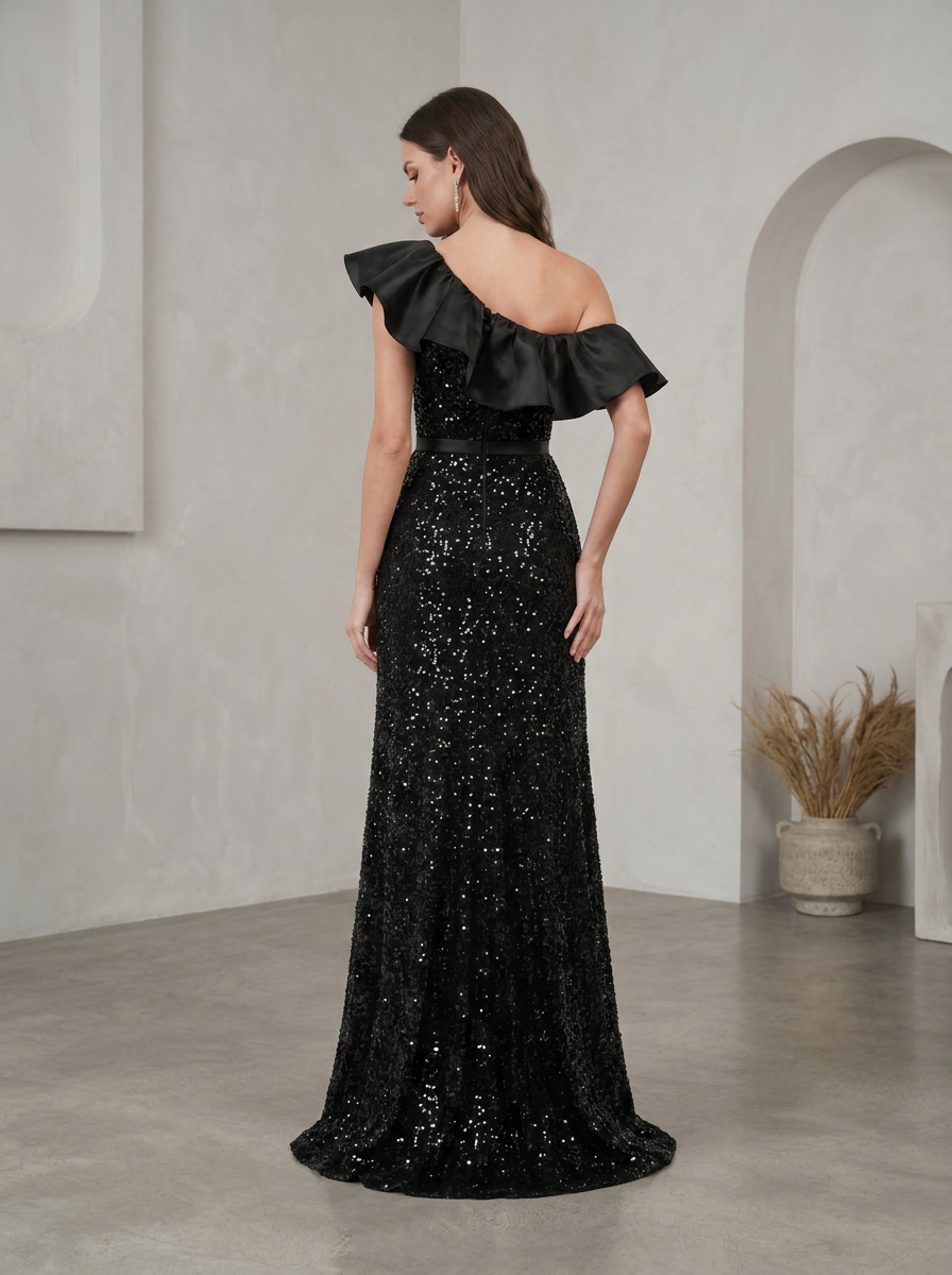 Sequin Sheath One Shoulder Floor-Length Evening Dresses with Ruffles