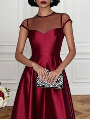 Wine Red Mesh Satin Crew Neck Short Sleeve A-Line Midi Dress