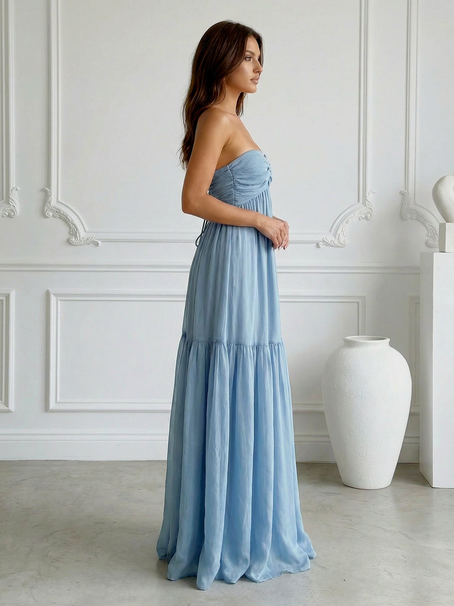 Blue Strapless Sweetheart Chiffon Maxi Dress with Pleat