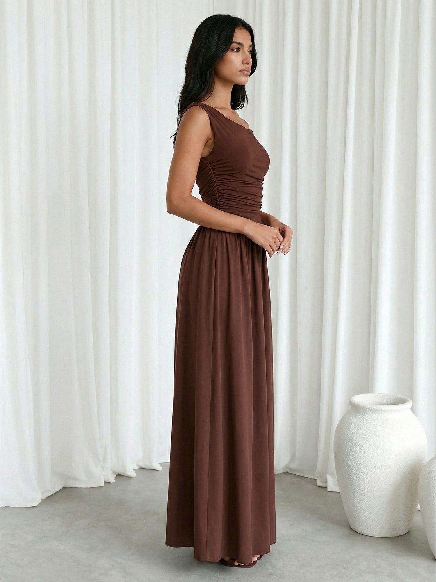 Brown One Shoulder A Line Floor Length Maxi Dress with Pleat
