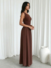 Brown One Shoulder A Line Floor Length Maxi Dress with Pleat