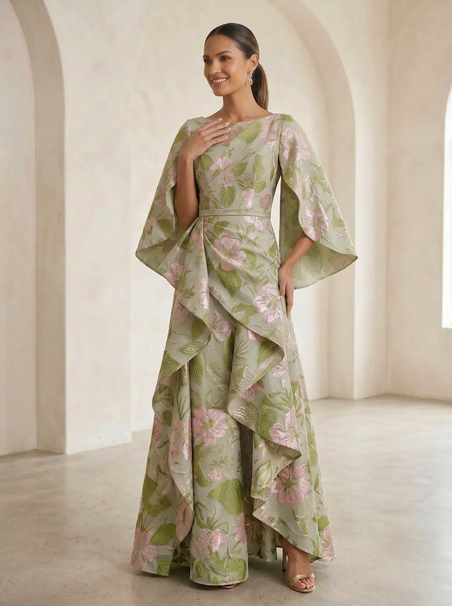 Boat-Neck Jacquard Asymmetric Ruffle Long Mother Of The Bride Dresses with Cape Sleeves