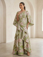 Boat-Neck Jacquard Asymmetric Ruffle Long Mother Of The Bride Dresses with Cape Sleeves