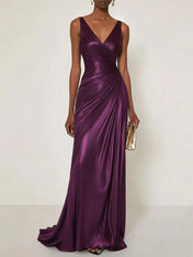Evening Formal Dress V Neck Silk Ruffles Maxi Dress Gown