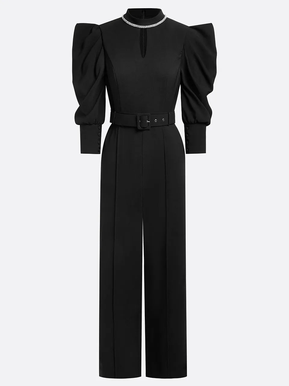 Black Pocket Stitching Puff Sleeve Jumpsuit With Belt