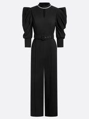 Black Pocket Stitching Puff Sleeve Jumpsuit With Belt