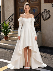 Off‑the‑Shoulder Long Sleeve Satin High‑Low Wedding Dress With 3D Floral Appliques