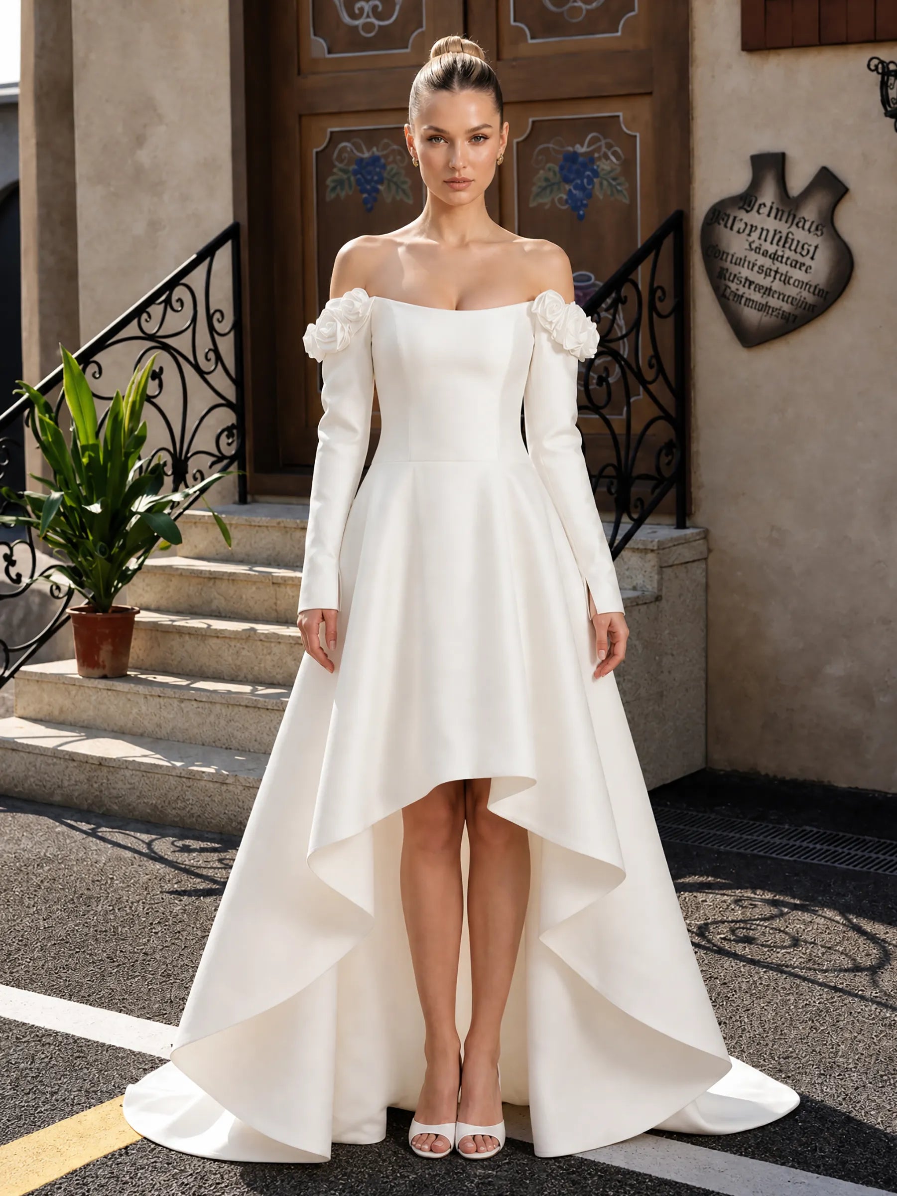 Off‑the‑Shoulder Long Sleeve Satin High‑Low Wedding Dress With 3D Floral Appliques