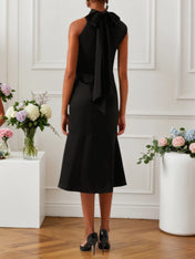 Black Knot Front Cold Shoulder Sleeveless Sheath Midi Dress