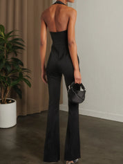 Women Black Halter Sleeveless Backless Wide-Leg Jumpsuit With Bras