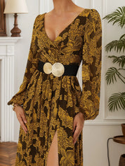 Golden Slit Floral Chiffon V Neck Long Sleeve Balloon Sleeve A-Line Gown Dress