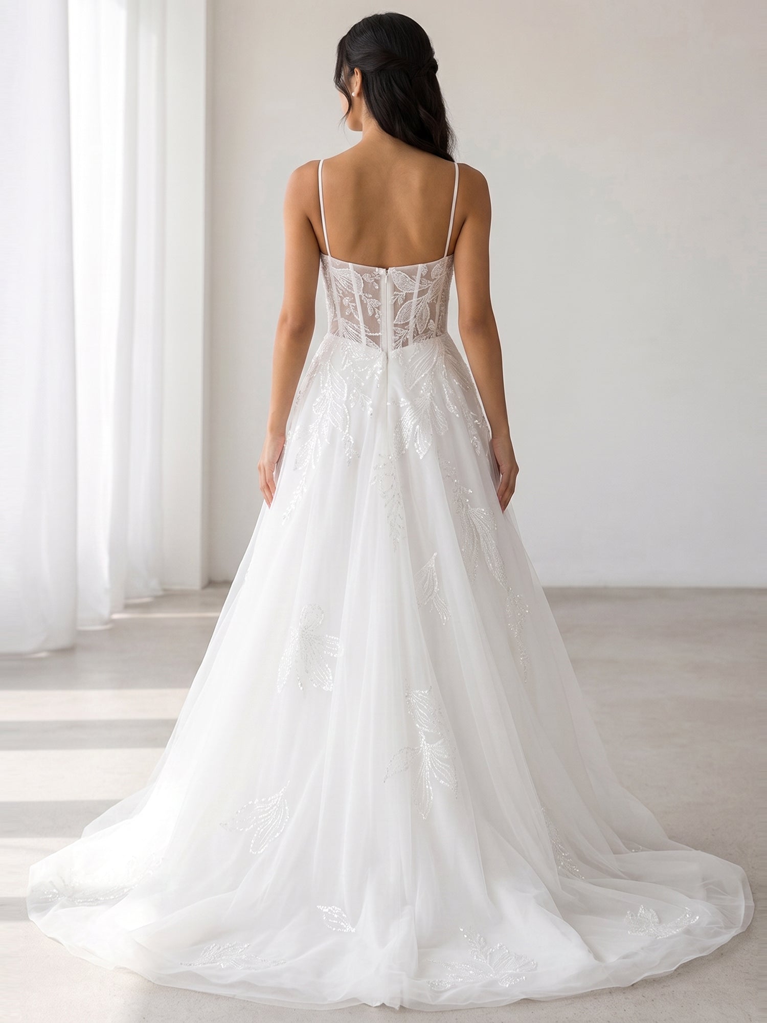 Elegant Spaghetti-Strap White Tulle A-Line Wedding Dresses with Corset and Chapel Train