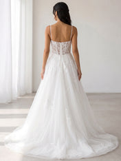 Elegant Spaghetti-Strap White Tulle A-Line Wedding Dresses with Corset and Chapel Train