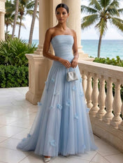 Light Blue Evening Dress with 3D Flower Strapless Pleat Maxi Dress