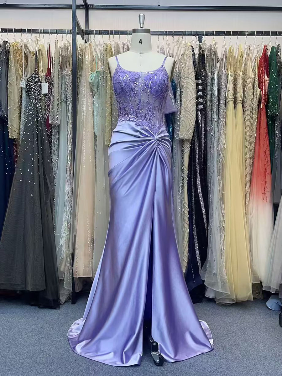 Lilac Spaghetti Straps Beaded Corset Satin Prom Dress with Slit