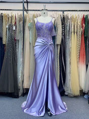 Lilac Spaghetti Straps Beaded Corset Satin Prom Dress with Slit