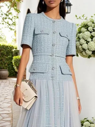 Light Blue Braided Strap Mesh Tweed Crew Neck Short Sleeve A-Line Midi Dress