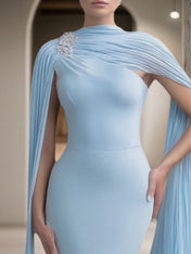 Formal Evening Dress Blue Cape Maxi Mermaid Dress