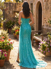Turquoise Strapless Sequined Long Prom Dress with High Slit