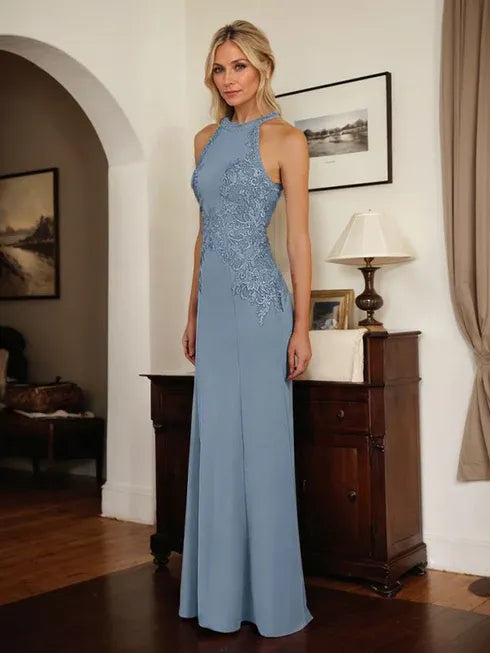 Dreamylily Dusty Blue Sheath Halter Long Mother of Bride Dress With Appliques Dreamylily Dusty Blue Sheath Halter Long Mother of Bride Dress With Appliques