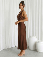 Brown V Neck Halter Neck Mermaid Ankle Length Maxi Dresses