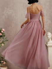 Pink Classic Off The Shoulder Short Sleeve A-Line Maxi Dress