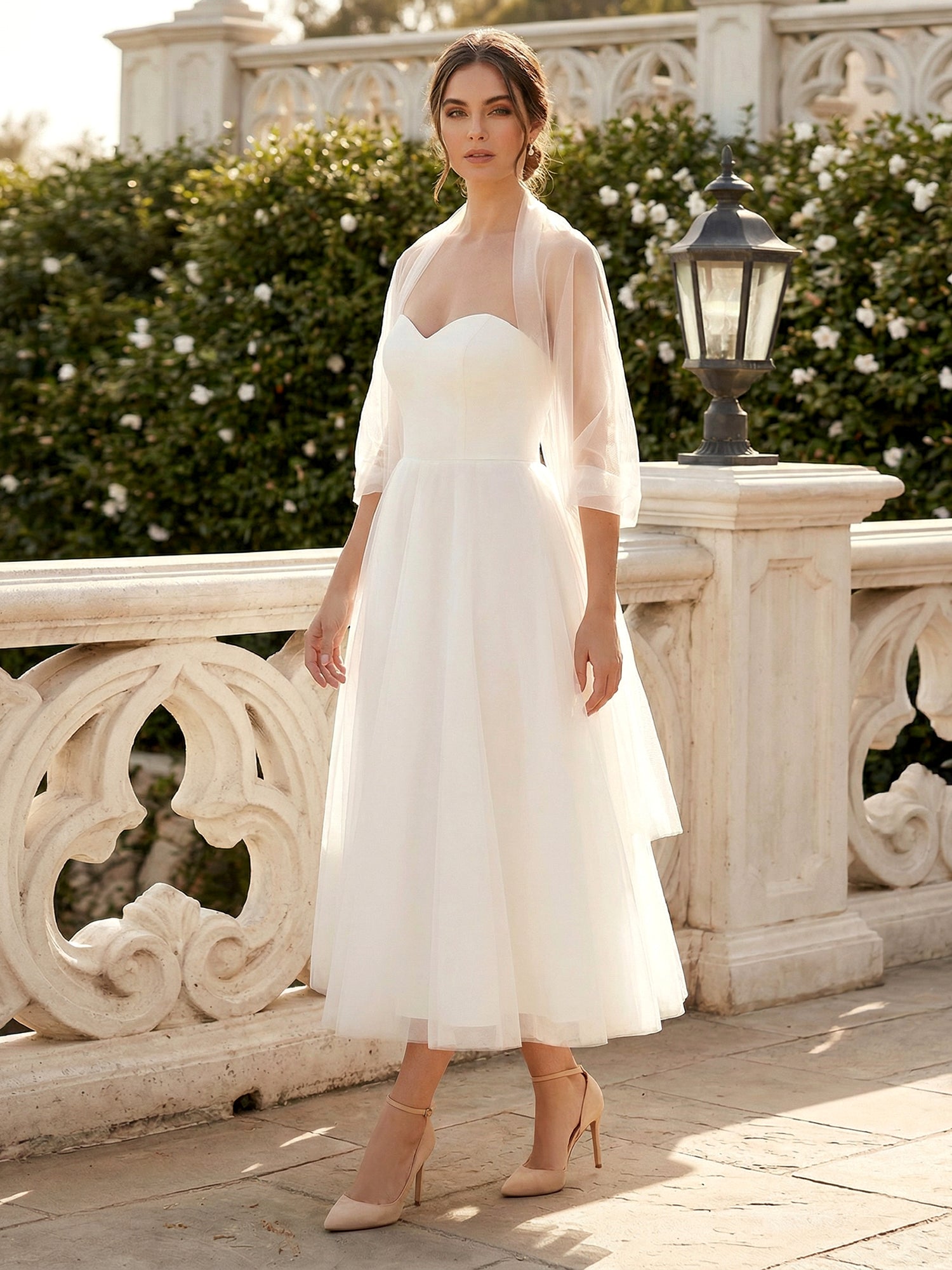 White Sweetheart Tea Length A Line Maxi Gown with Scarf