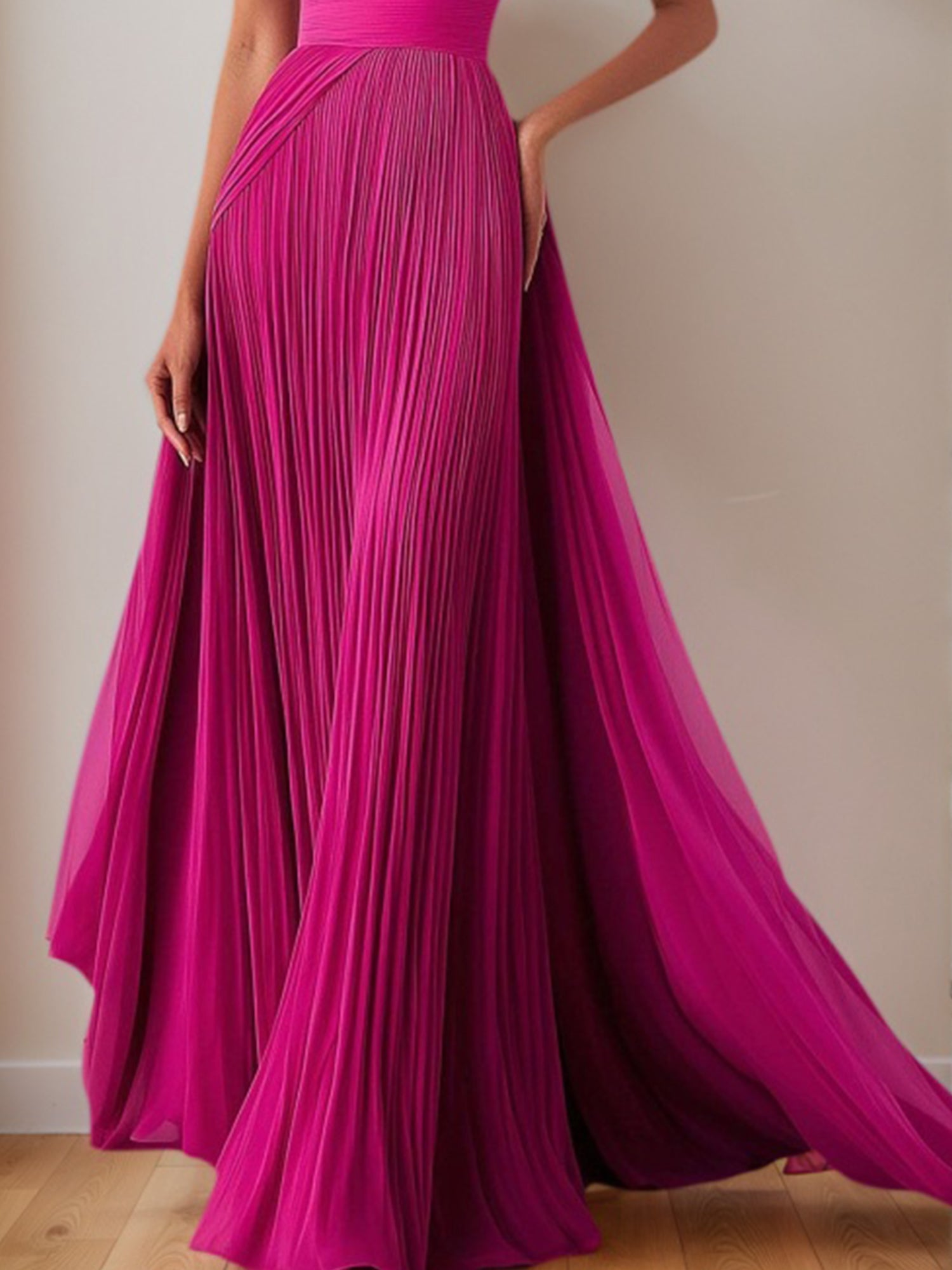 Prom Formal Pleated Dress Rose Color One-Shoulder Maxi Dress