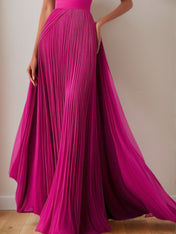 Prom Formal Pleated Dress Rose Color One-Shoulder Maxi Dress