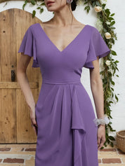 Purple Ruched V Neck Ruffle Sleeve A-Line Maxi Chiffon Bridesmaid Dress