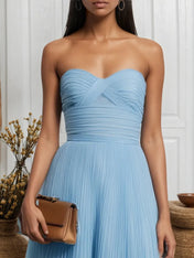 Light Blue Pleated Ruched Tulle Strapless Sleeveless A-Line Midi Dress
