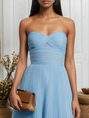 Light Blue Pleated Ruched Tulle Strapless Sleeveless A-Line Midi Dress