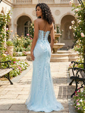 Ethereal Light Blue Strapless Corset Prom Dress with Floral Lace