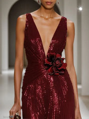 Wine Red 3D Floral Sequin V Neck Sleeveless Sheath Maxi Dress