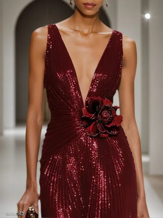 Wine Red 3D Floral Sequin V Neck Sleeveless Sheath Maxi Dress