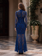 Royal Blue Mock Neck Long Sleeve Lace Floor-Length Gown Dress