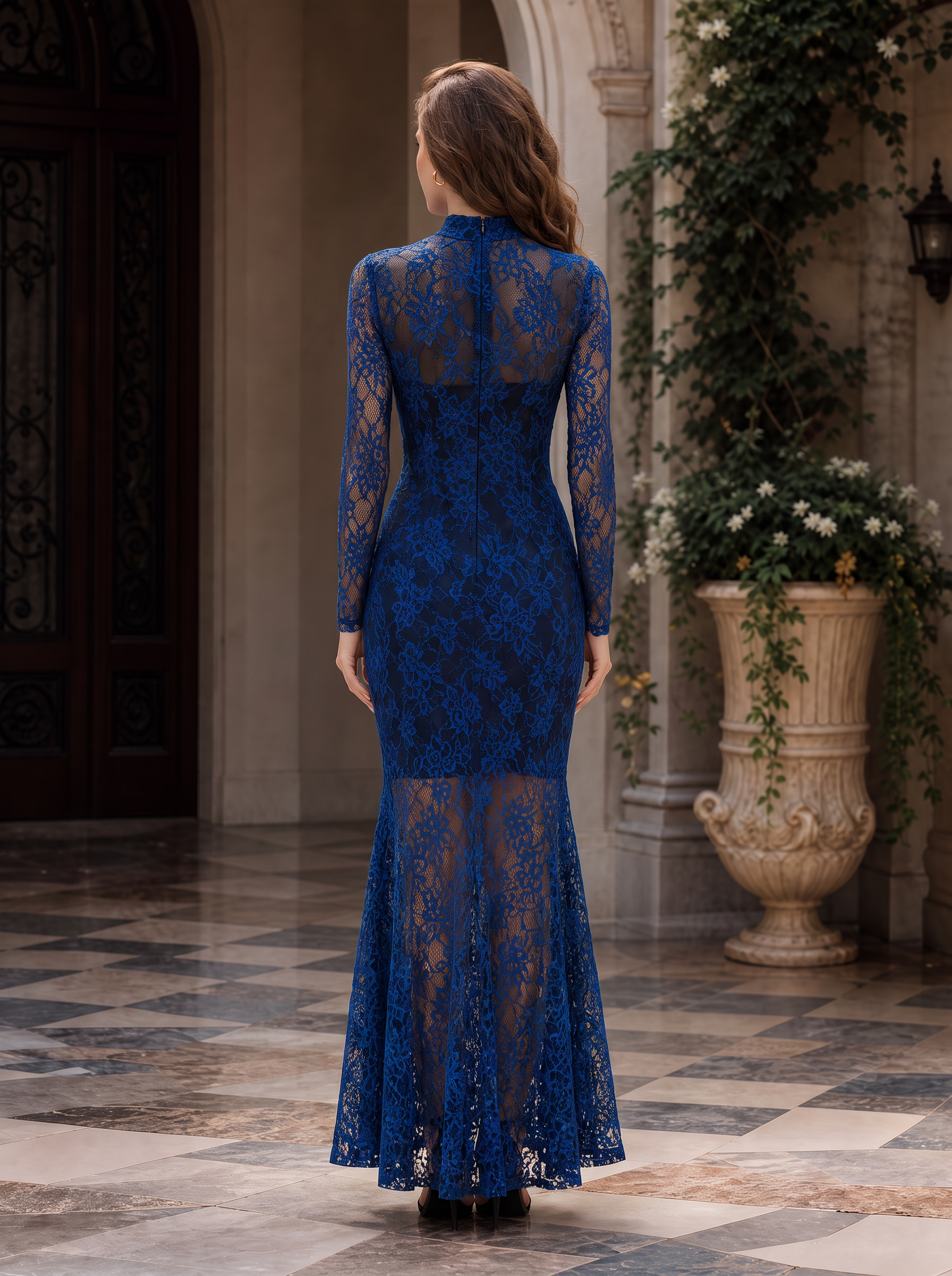 Royal Blue Mock Neck Long Sleeve Lace Floor-Length Gown Dress