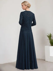 Robe de mère de la mariée trapèze carrée, longueur au sol, en mousseline de soie et dentelle, avec paillettes 