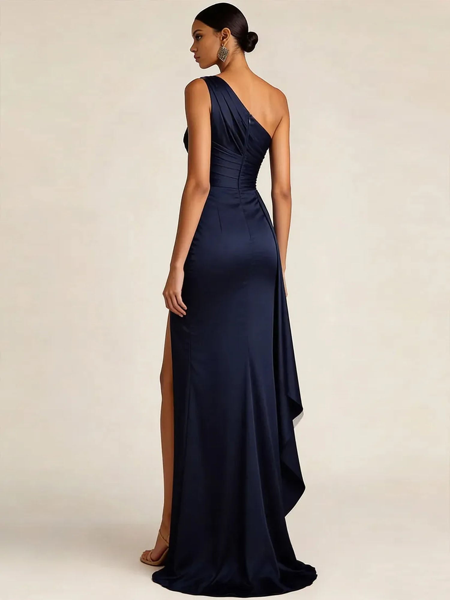 Sleek Foraml Evening Gown Midnight Navy One-Shoulder Satin Slit Maxi Dress