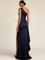 Sleek Foraml Evening Gown Midnight Navy One-Shoulder Satin Slit Maxi Dress