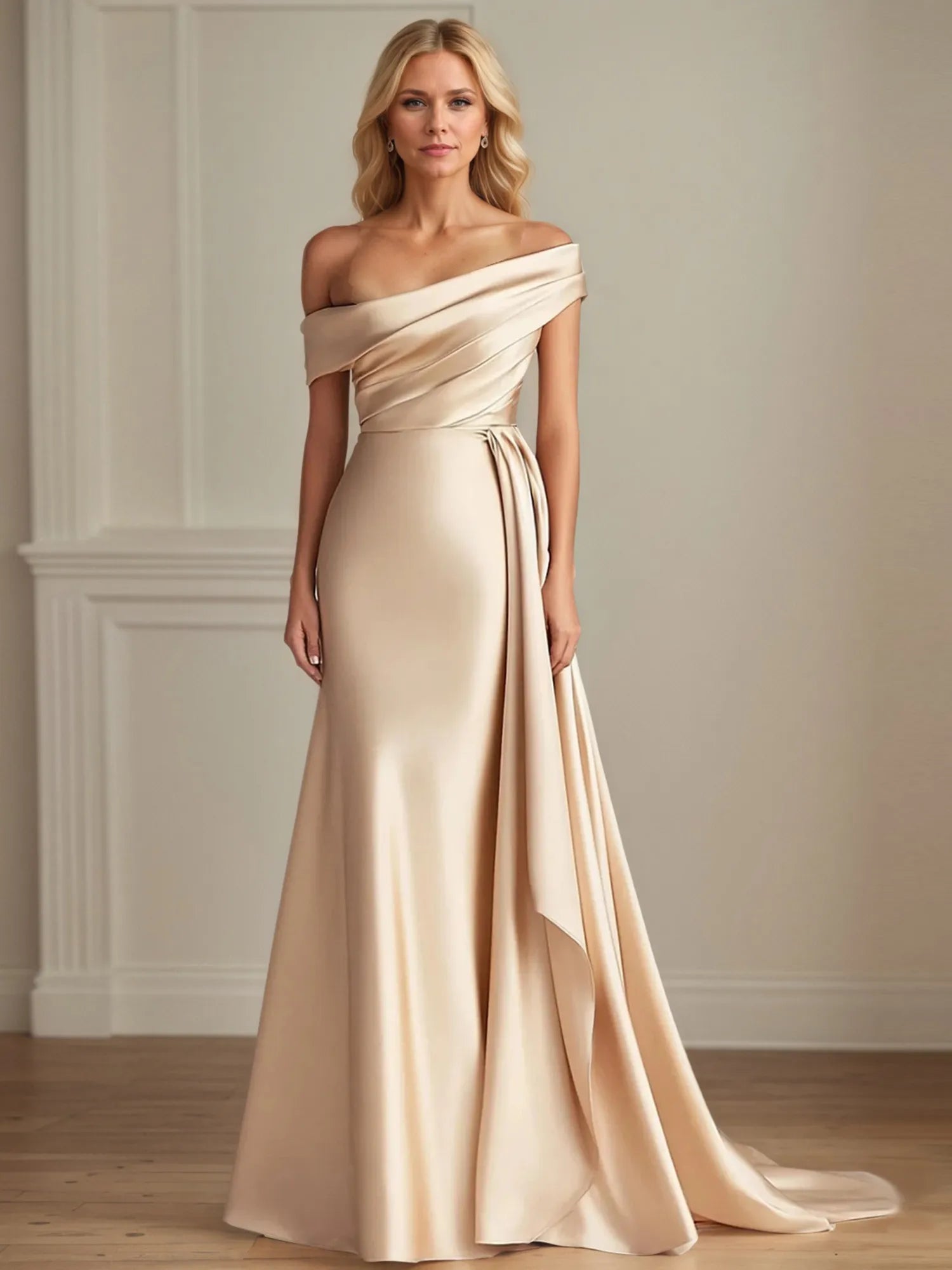 Sheath/Column One Shoulder Floor Length Satin Mother Of the Bride Dress With Ruched