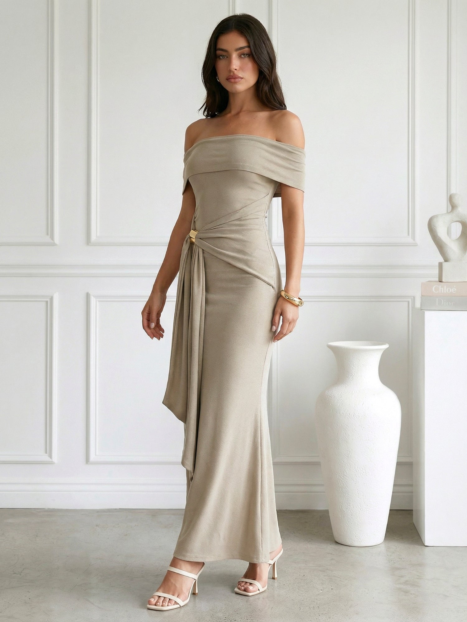 Taupe Strapless Satin Mermaid Maxi Dress with Pleat