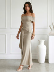 Taupe Strapless Satin Mermaid Maxi Dress with Pleat