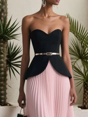 Women Pink Pleated Strapless Sleeveless Dressy Top With Skirt Two-Piece Set