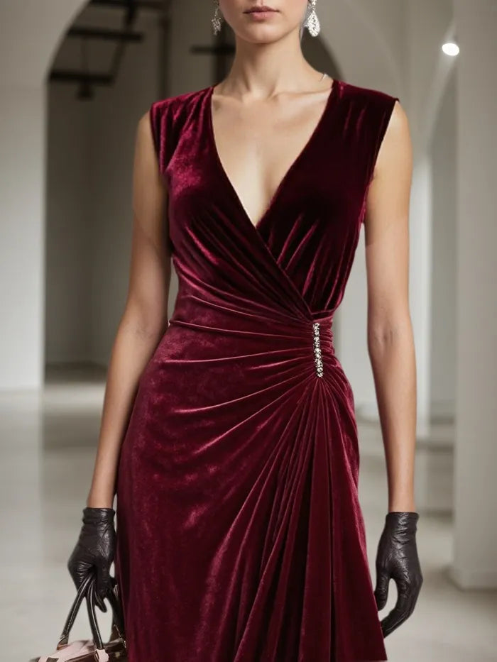 Wine Red Rhinestone Peplum Velvet V Neck Sleeveless A-Line Midi Dress