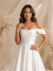 Off-The-Shoulder Pleated Satin Tea-Length Wedding Dress with Corset Back