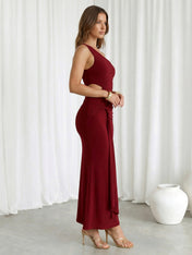Burgundy One Shoulder Mermaid Hollowed Maxi Dress with Pleat