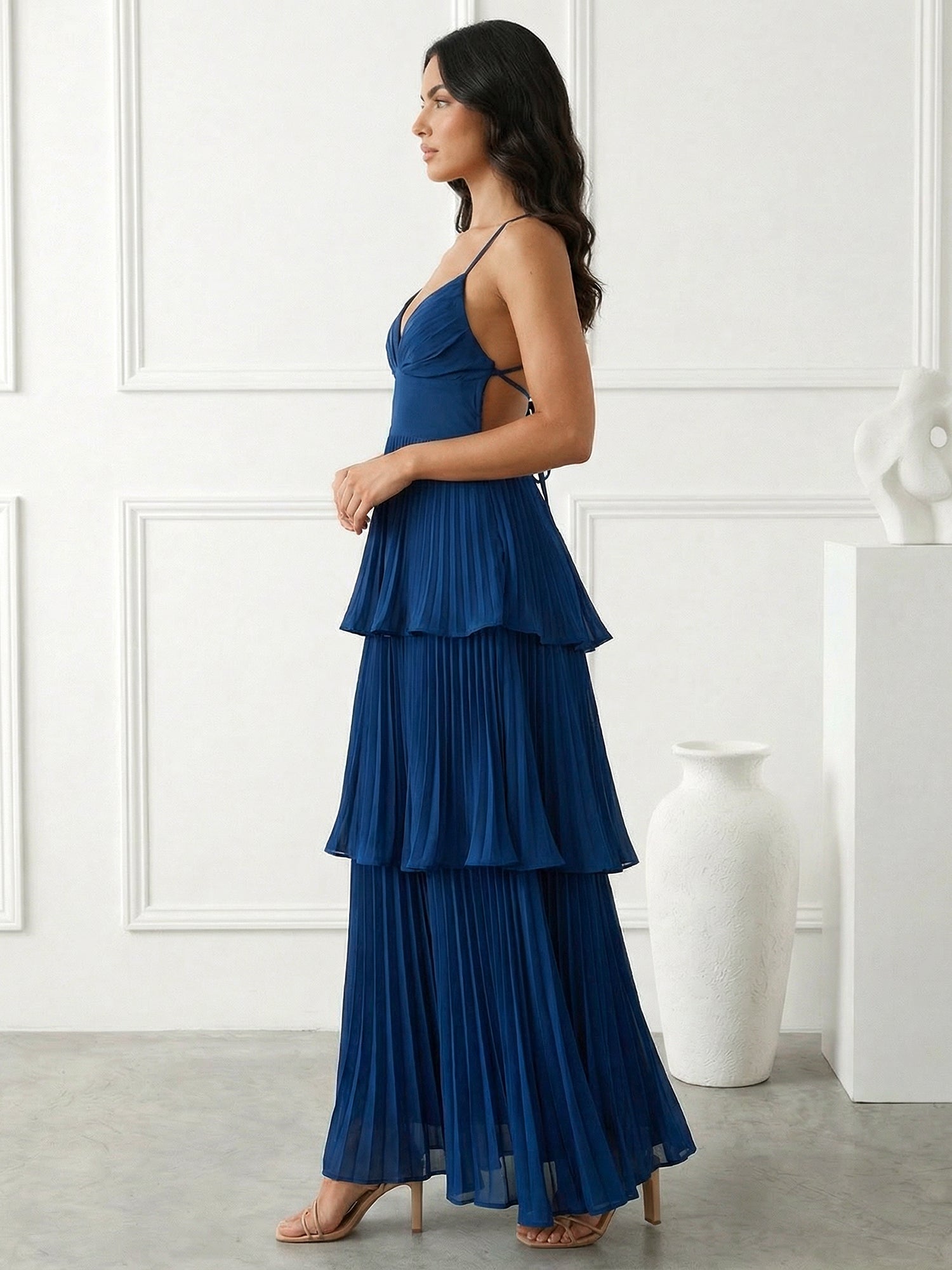 Blue Tiered Mermaid Ankle Length V Neck Maxi Dresses