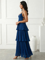 Blue Tiered Mermaid Ankle Length V Neck Maxi Dresses
